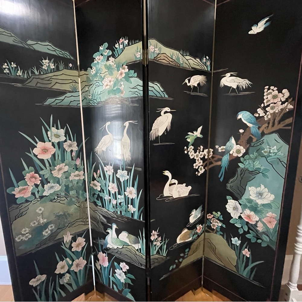 Elegant Black and Green Folding Screen with Floral and Bird Design